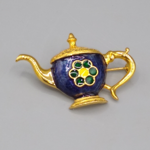 Vintage Jewelry - Enameled Teapot Brooch Pin Gold tone Floral Vtg